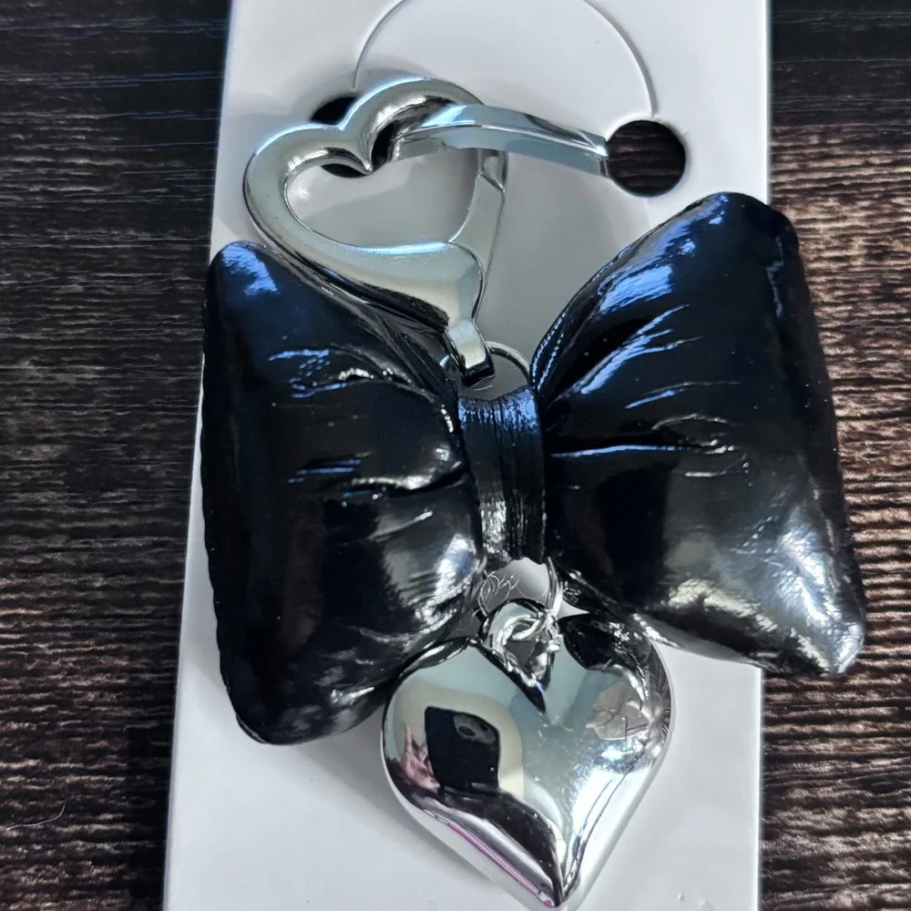 Mint Black Puffed Bow Bag Charm Silver Heart Dangle Keychain Accessory